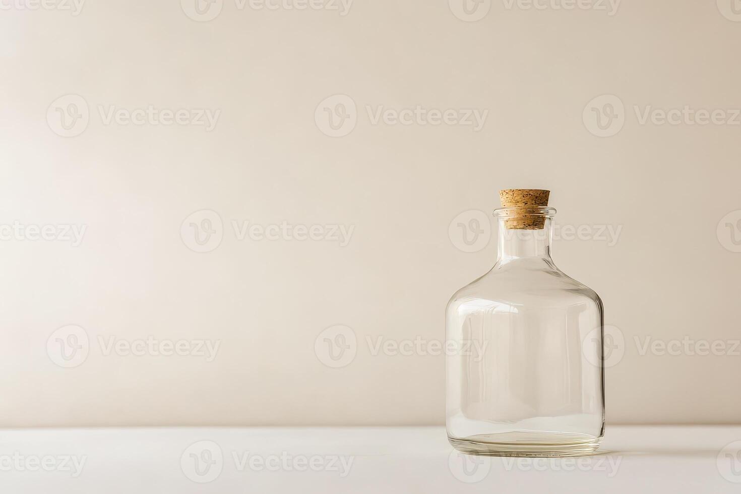 Empty glass bottle with cork on a wooden surface photo