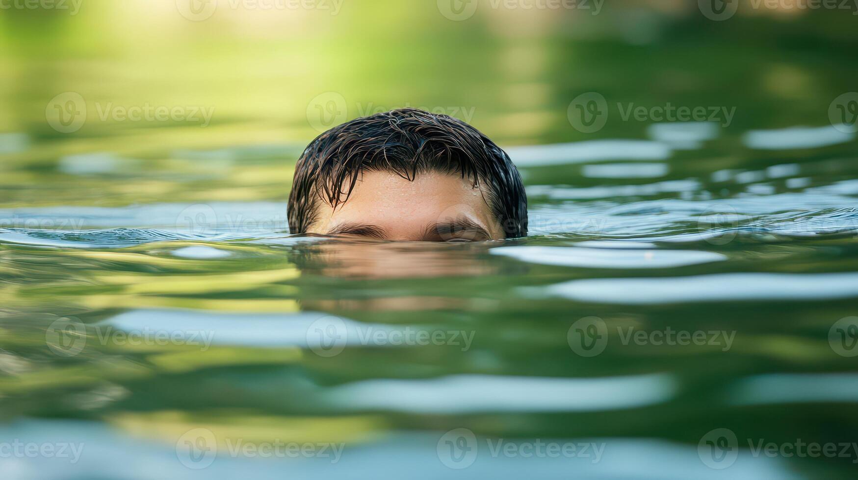 Young man enjoys swimming in a serene lake photo