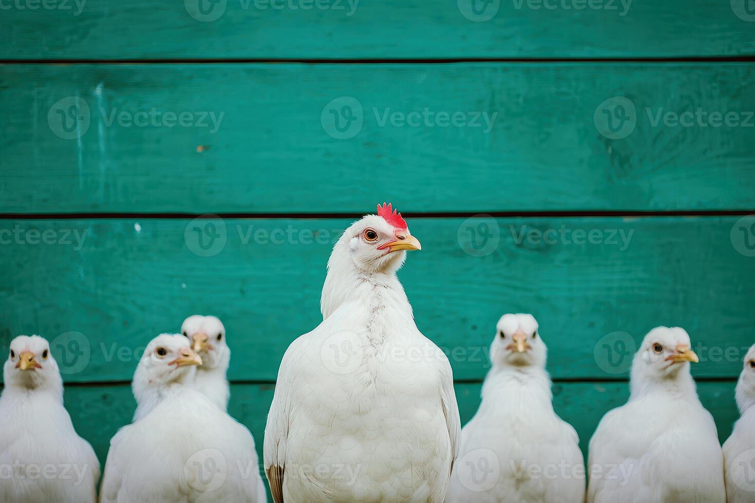 Chickens standing in front of a green wooden wall photo