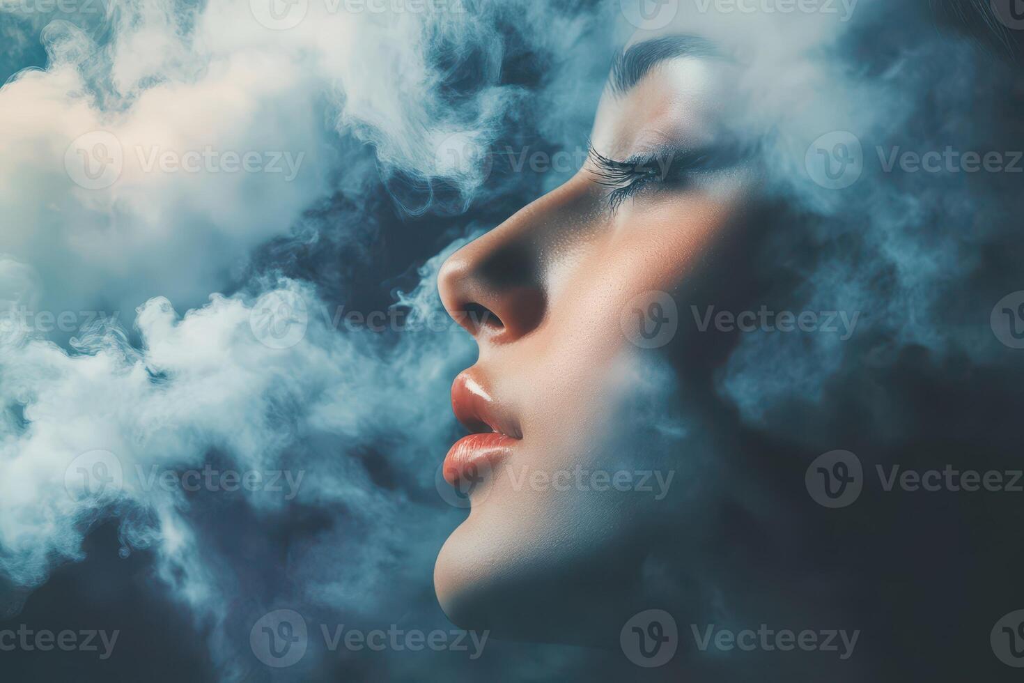 Womans profile surrounded by mysterious fog photo