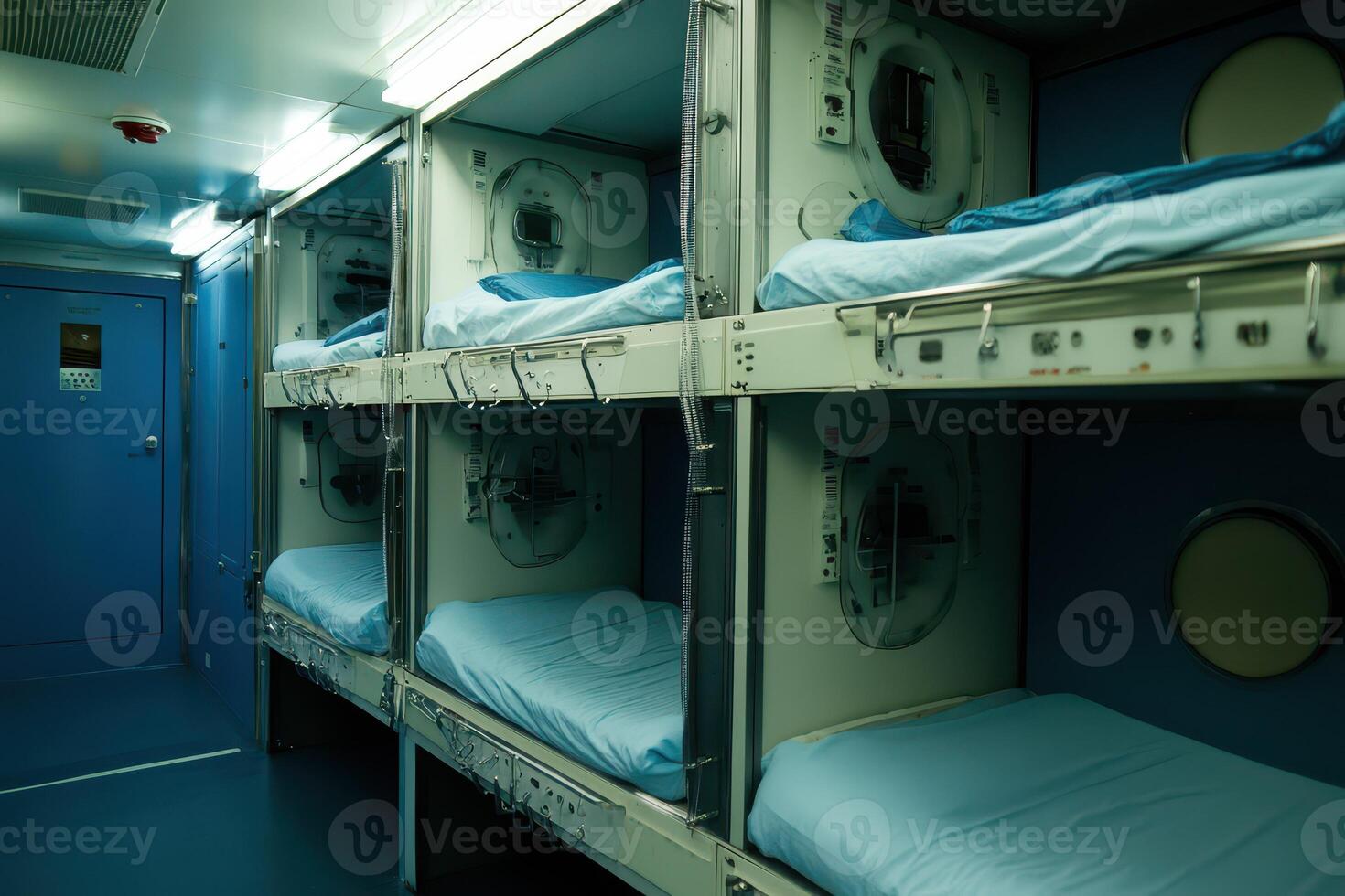 Capsule hotel with futuristic sleep pods photo