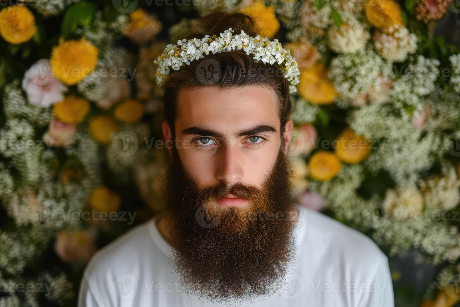 Man with flower crown by floral backdrop photo