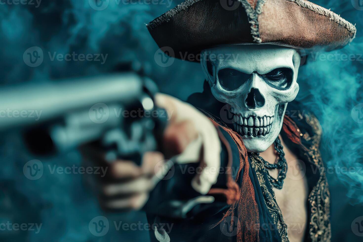 Pirate skeleton points gun in dramatic pose photo