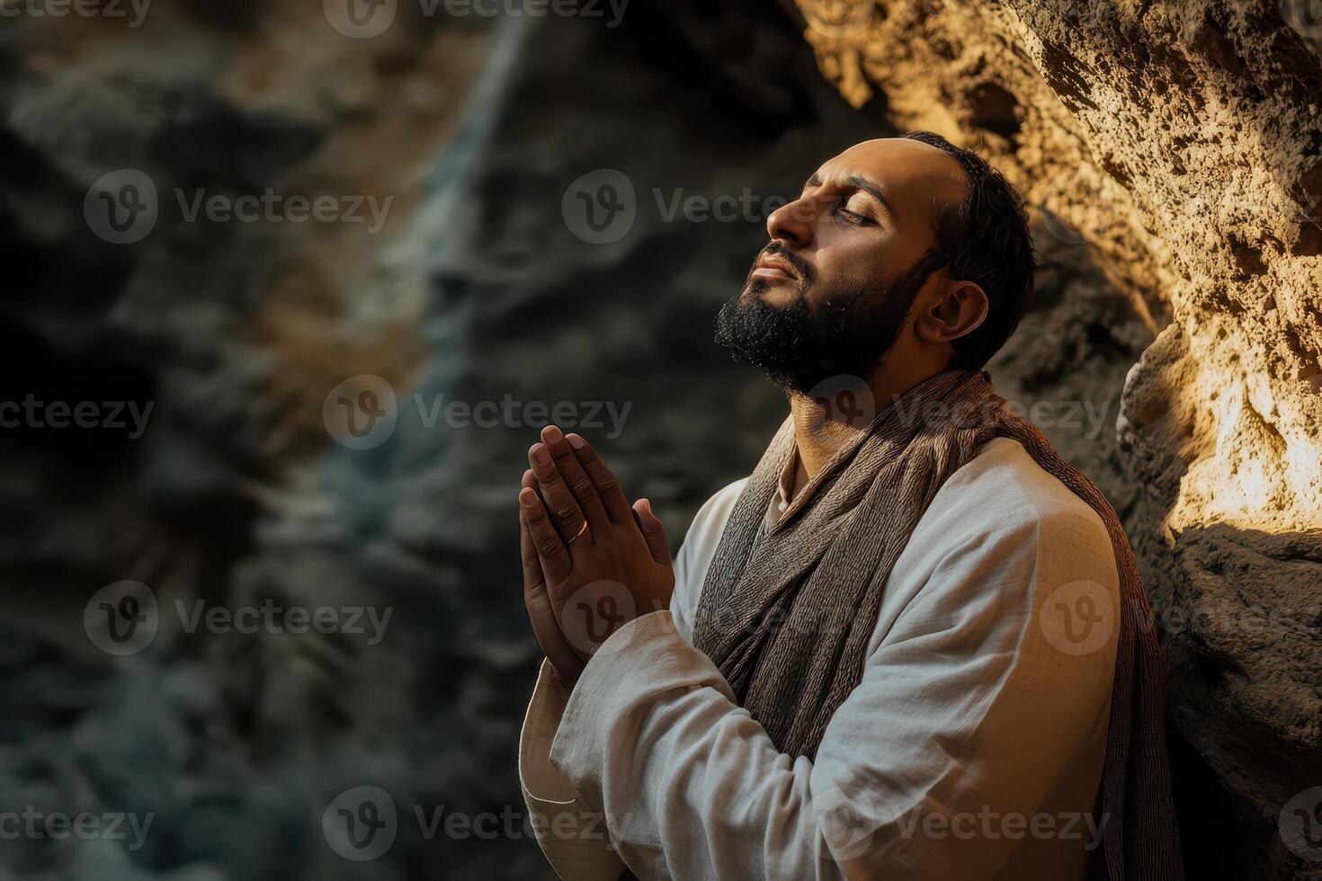 Man prays with devotion in a serene cave setting photo
