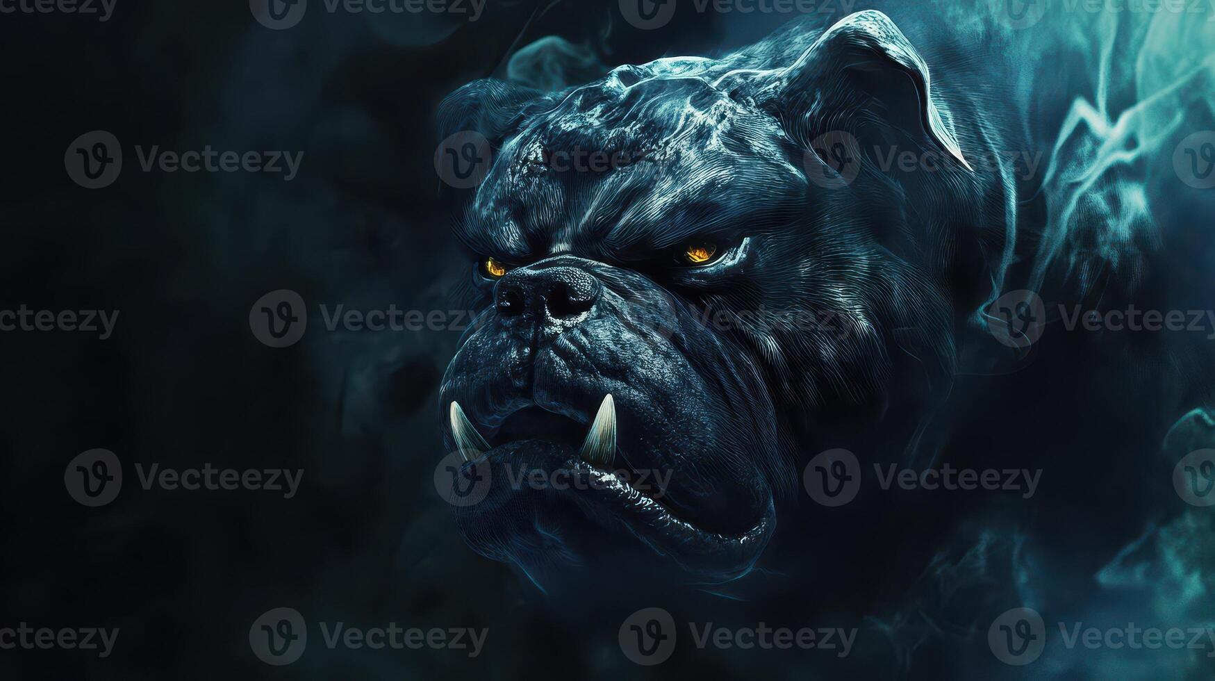 Fierce black bulldog surrounded by smoky haze photo