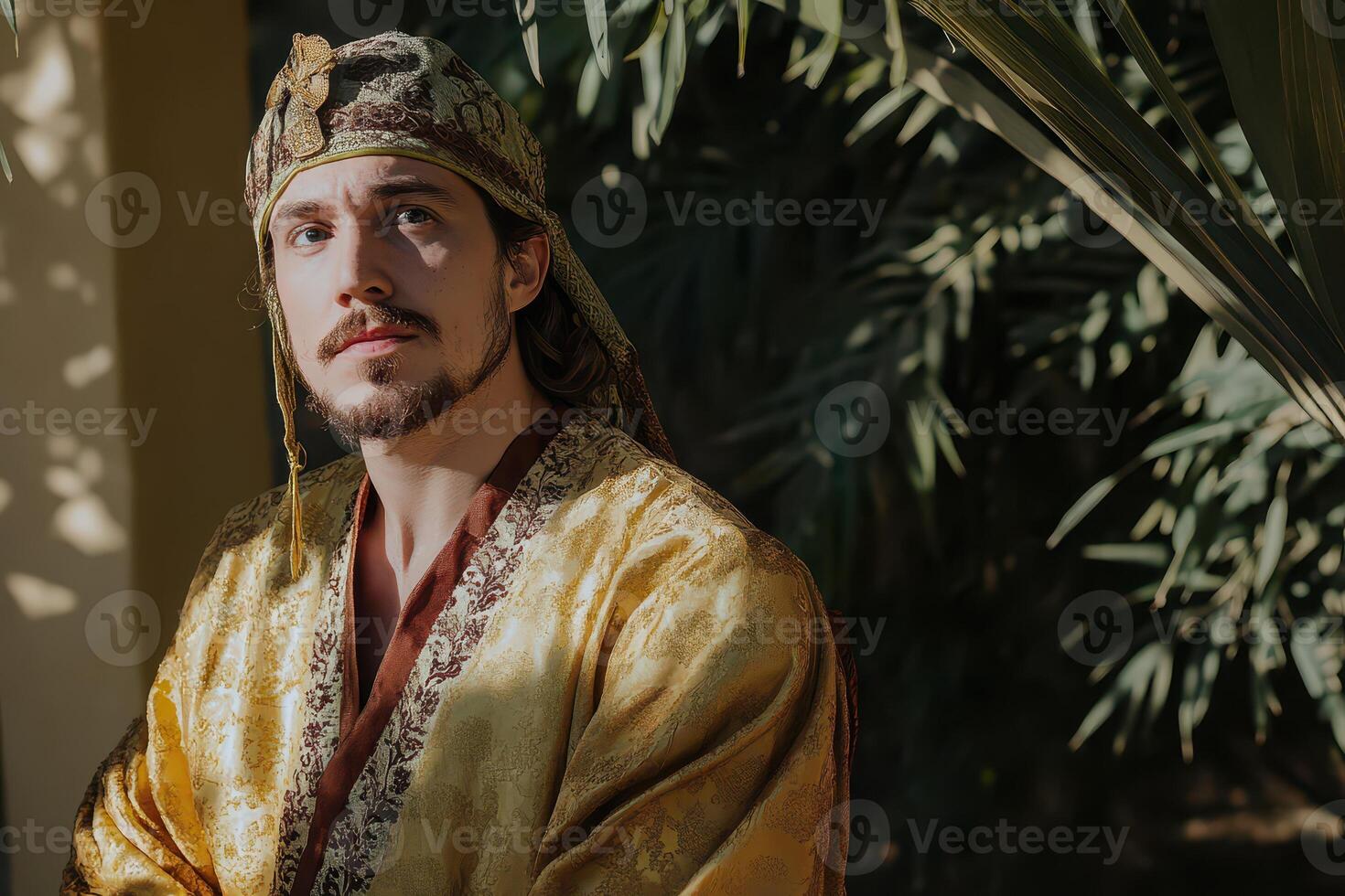 Man in traditional attire outdoors under foliage photo