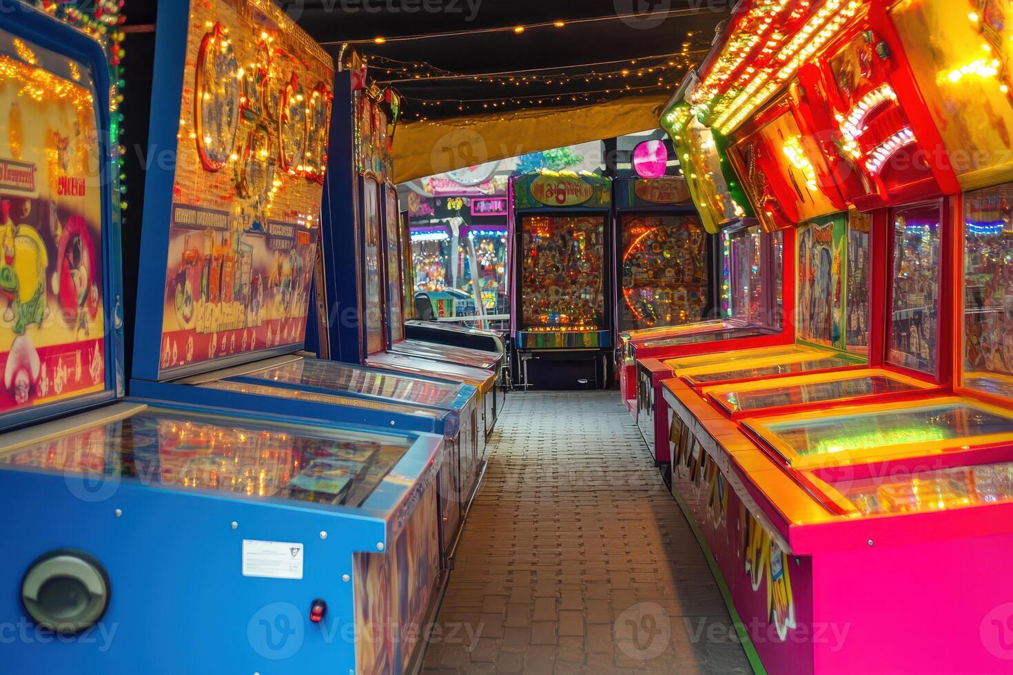 Colorful arcade games in lively amusement center photo