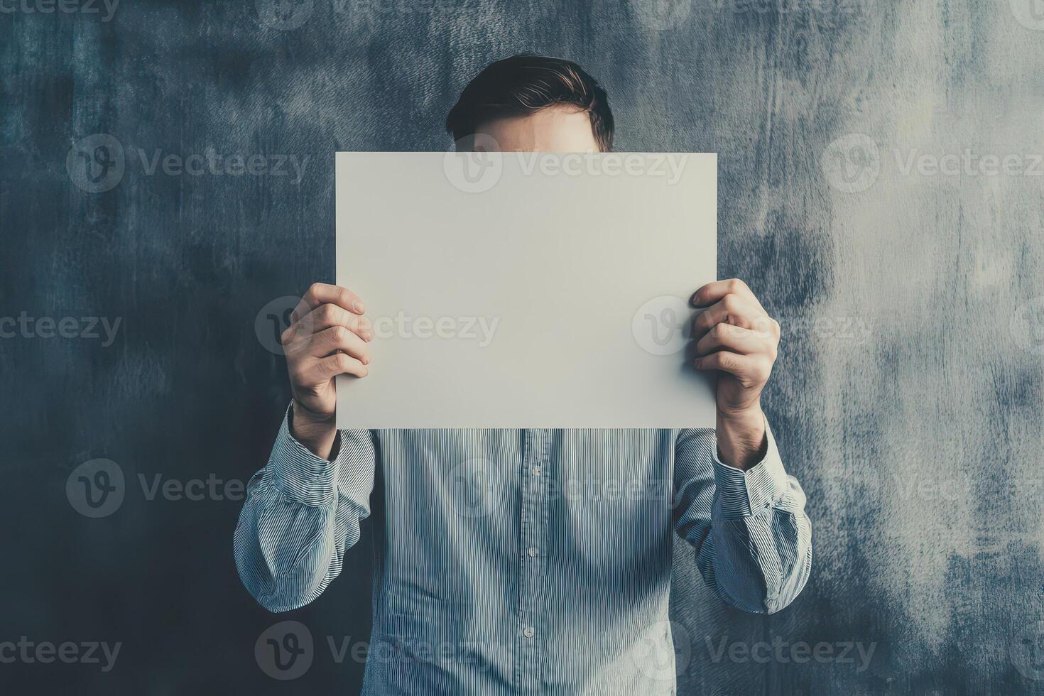 Person with blank paper on gray backdrop photo
