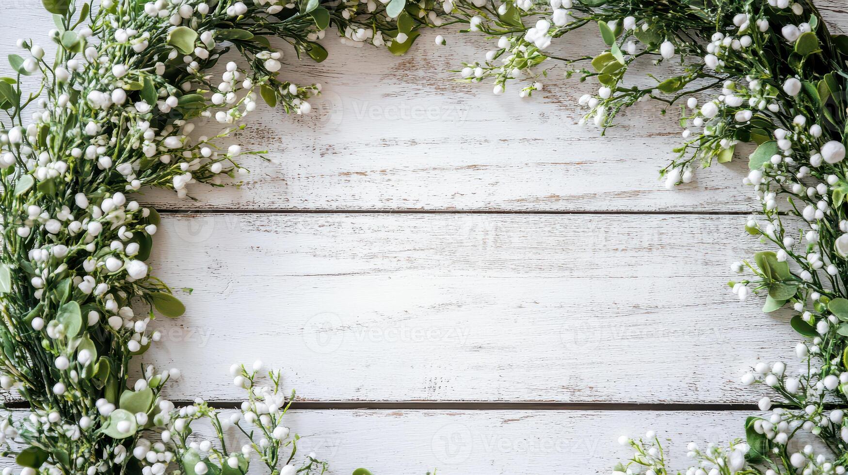 Floral wreath on rustic wooden surface photo