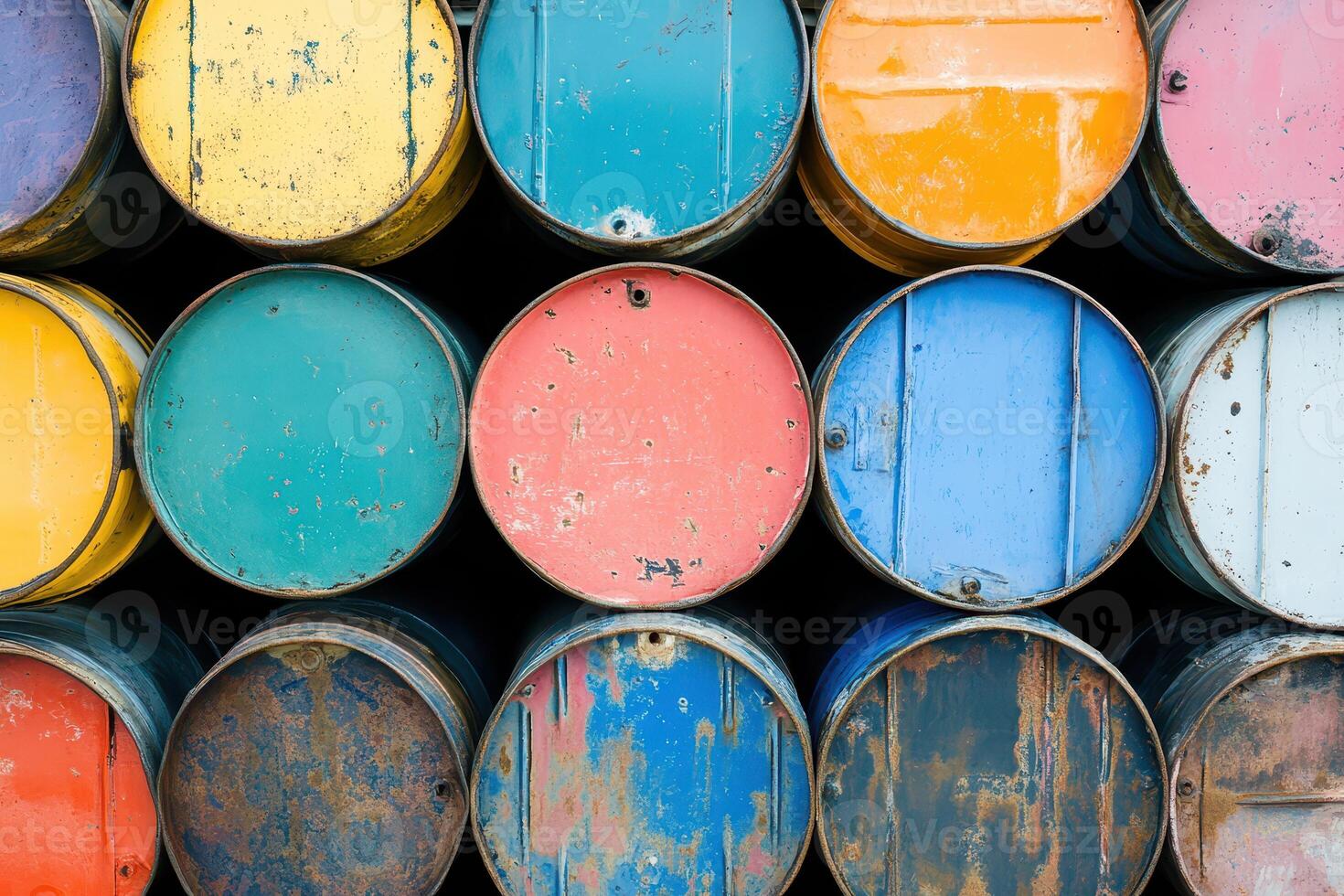 Colorful barrels stacked in industrial setting photo