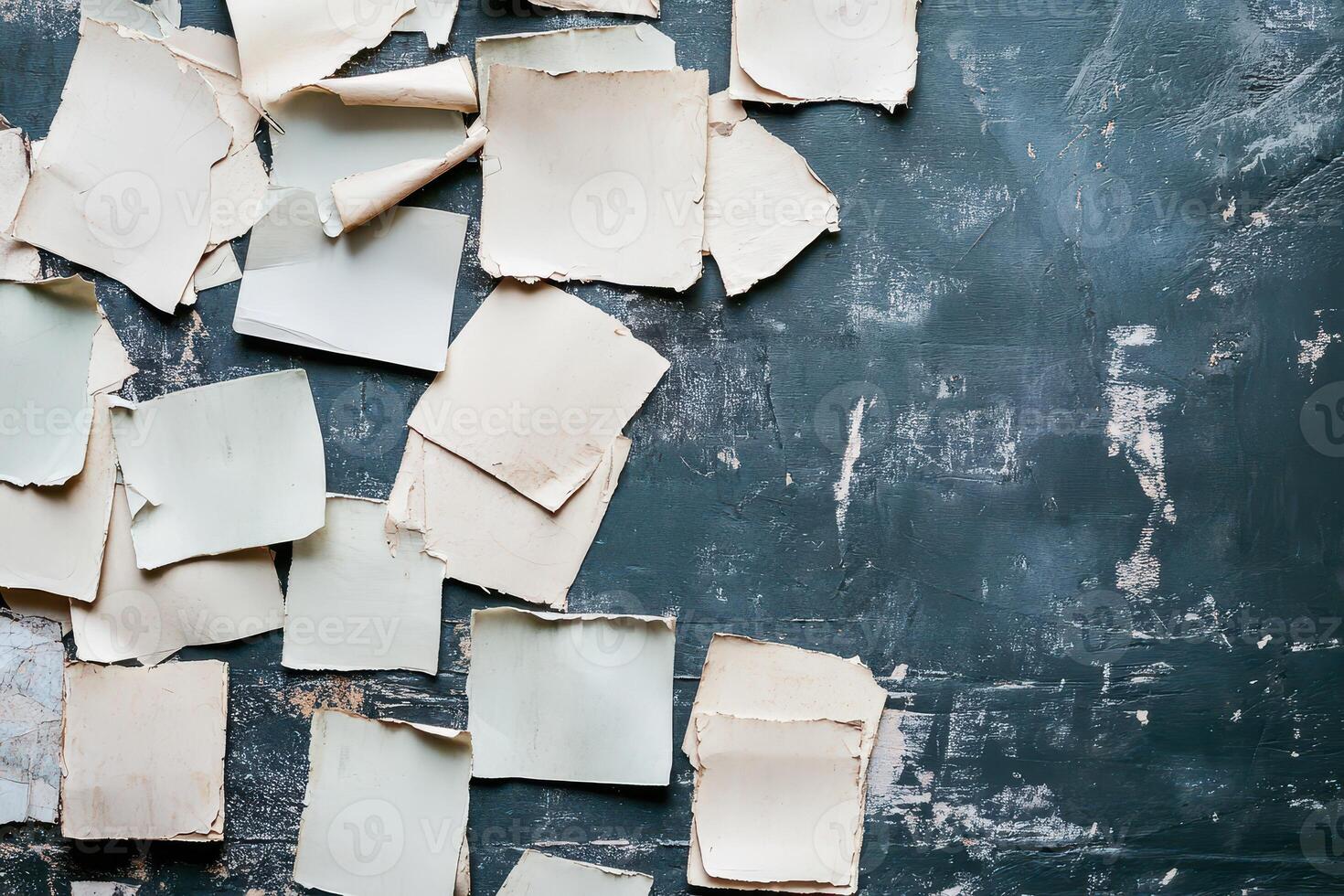 Scattered paper notes on a textured dark surface photo
