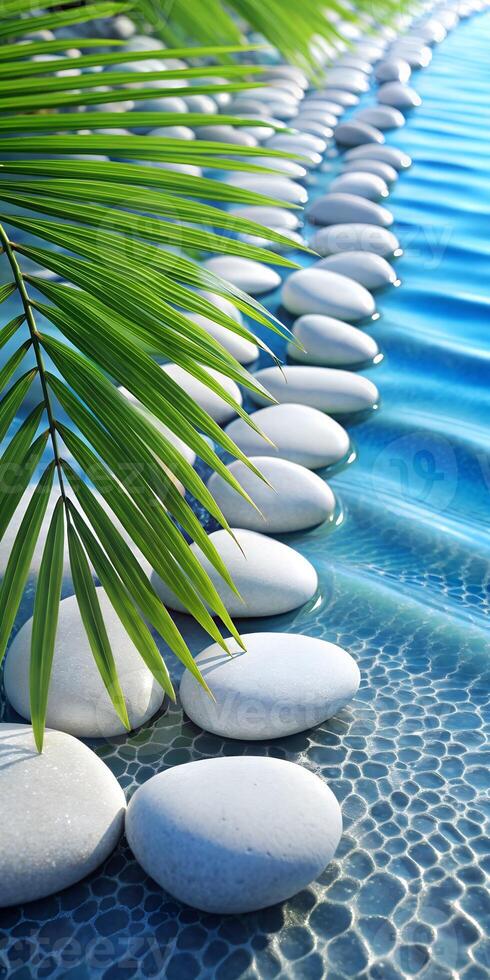 Tranquil Poolside Scene with Pebbles and Tropical Leaves for Relaxation and Meditation photo