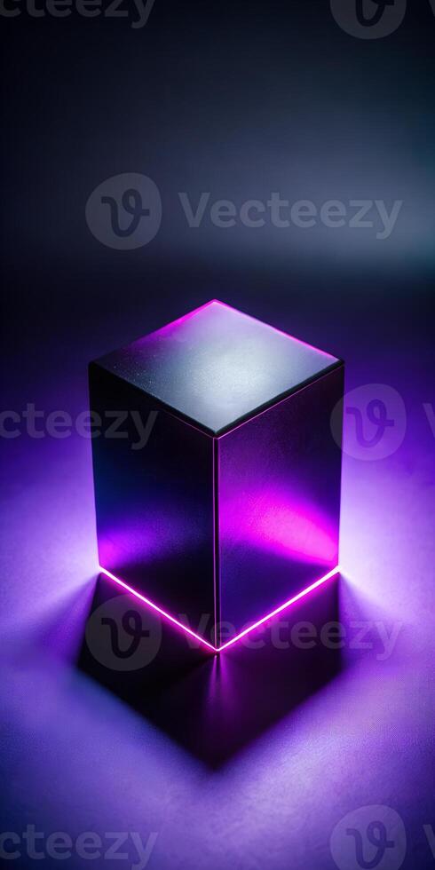 Illuminated Black Cube with Purple LED Light Against Dark Background for Modern Design and Display photo