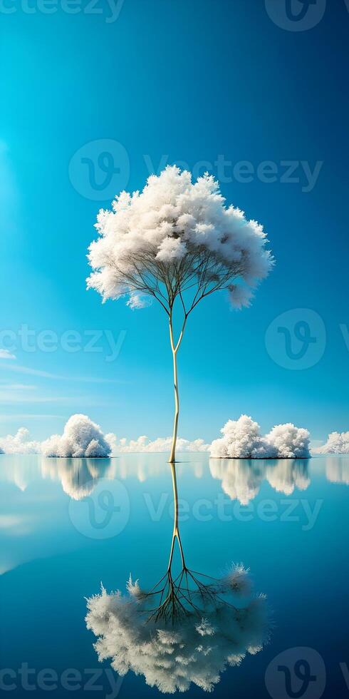 Stunning Isolated Tree Reflection on Calm Water Under a Vibrant Blue Sky with White Clouds photo
