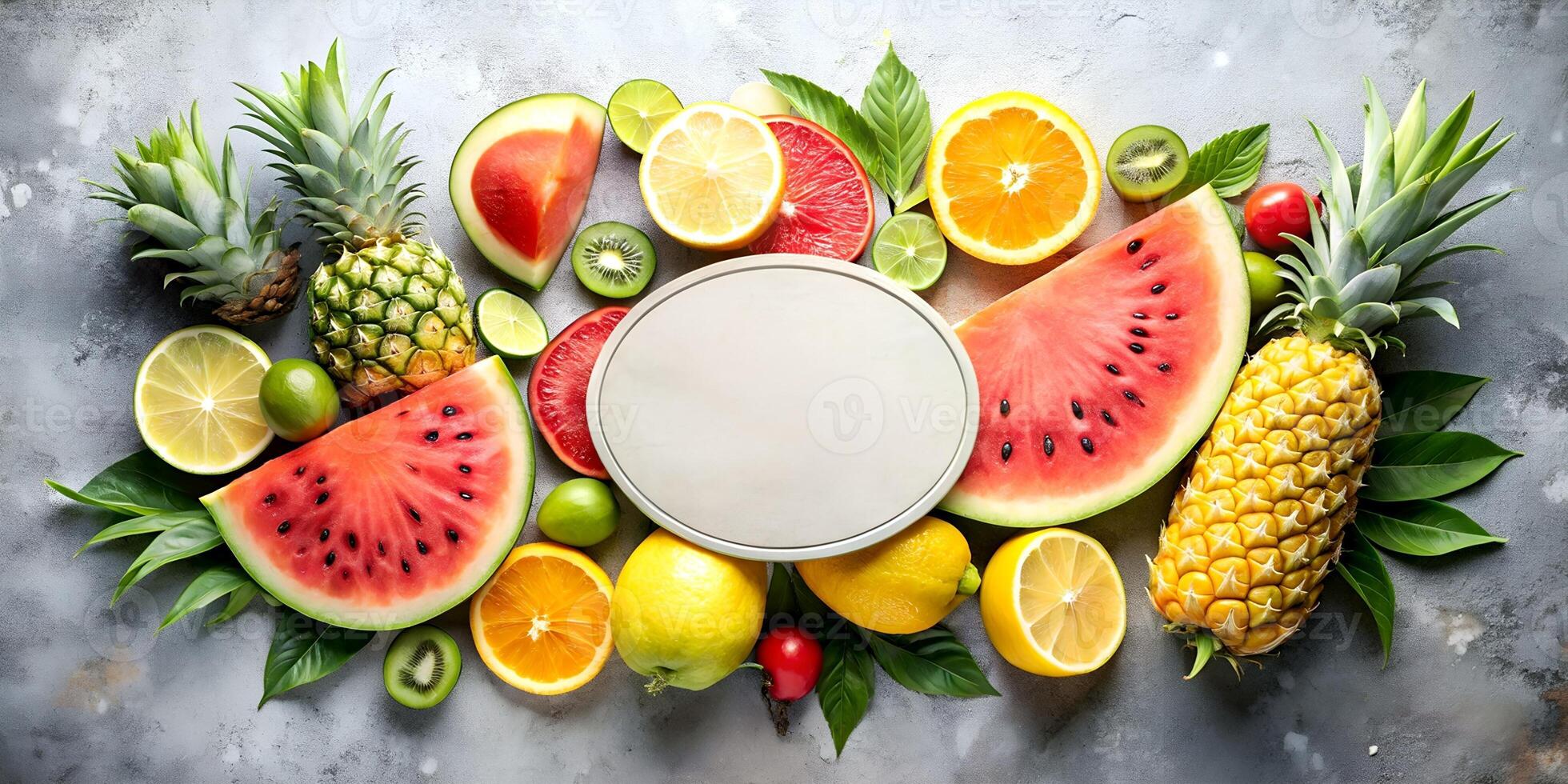 Vibrant Selection of Fresh Tropical Fruits with Empty Label for Customization and Presentation Uses photo