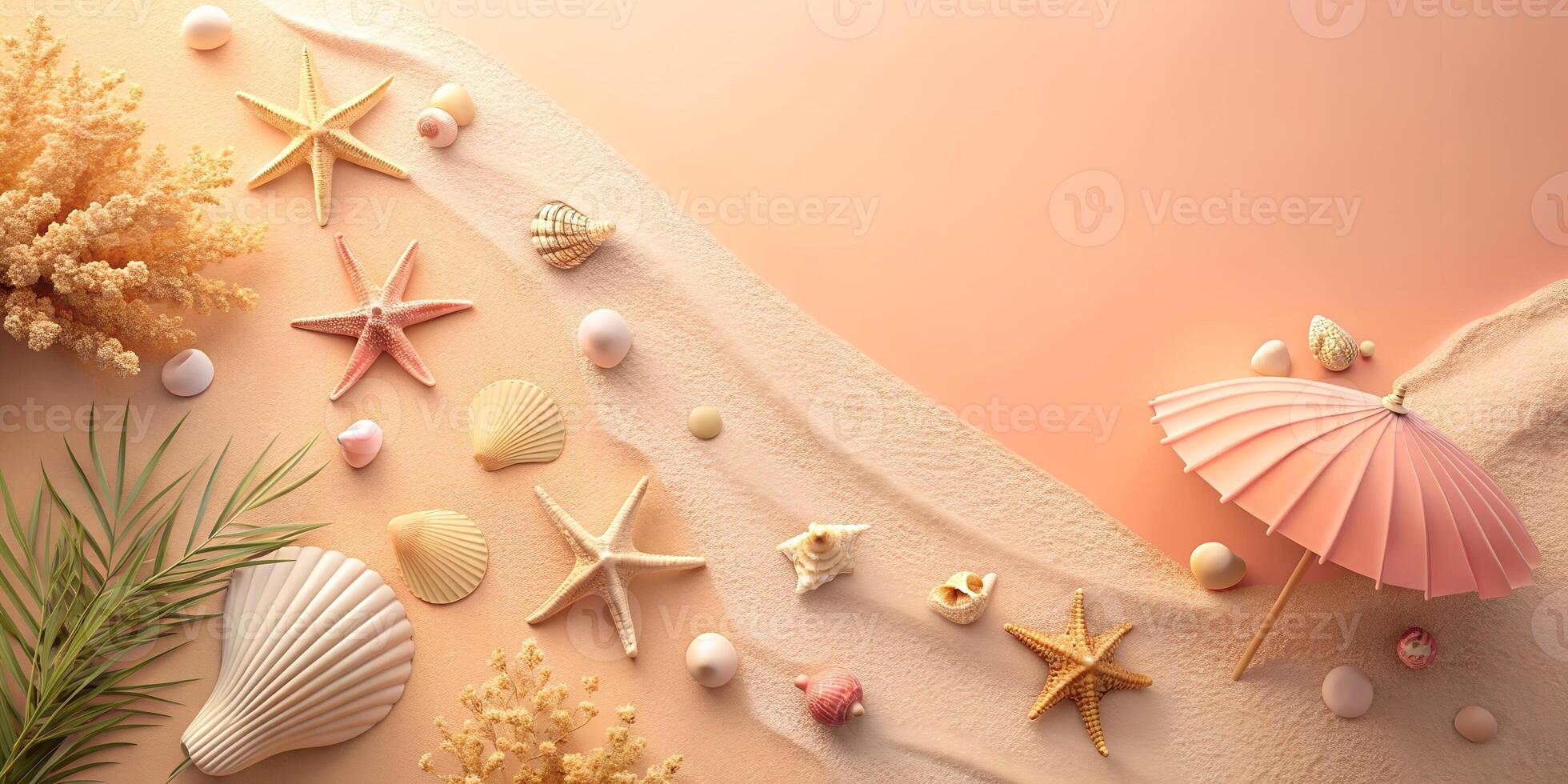 Vibrant Beach Scene with Seashells Starfish Coral and Pink Umbrella on Soft Sandy Background photo