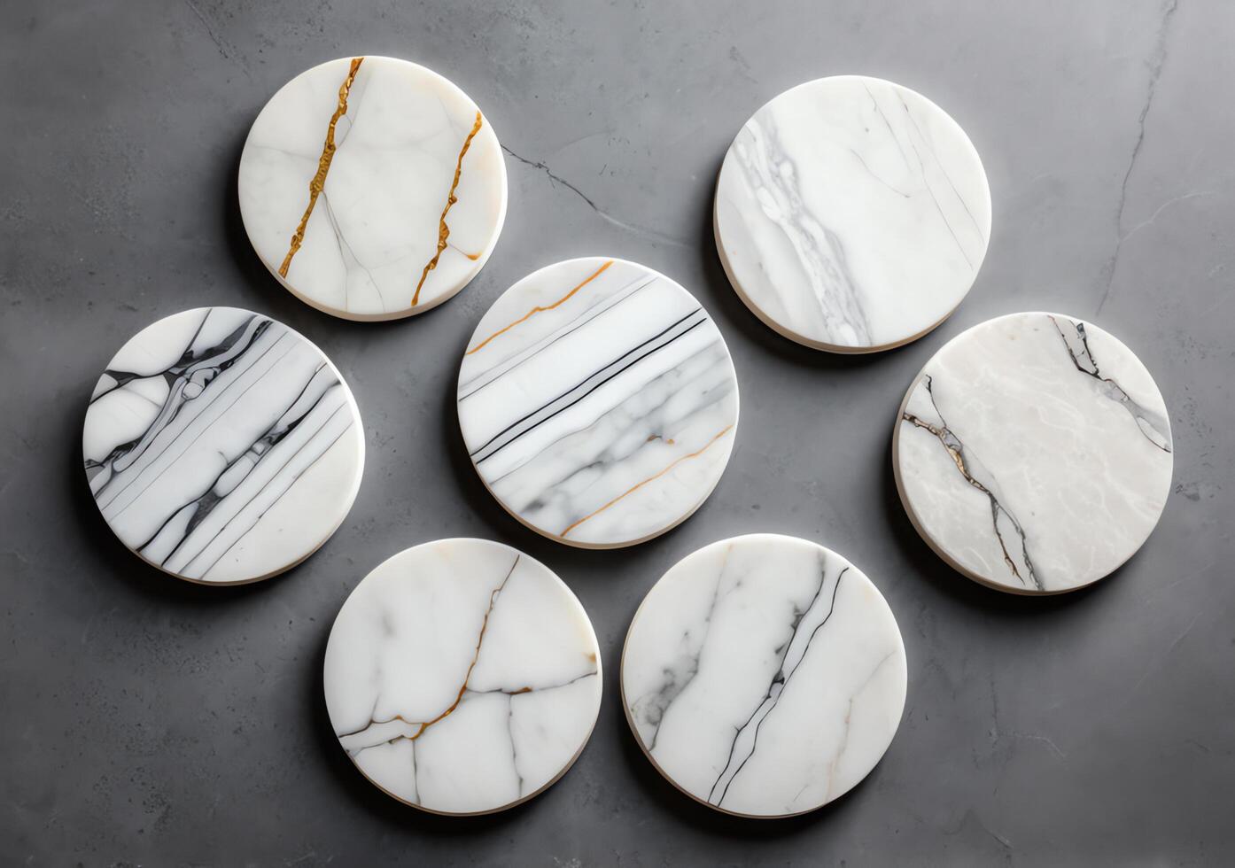 Top view of eight round marble coasters with unique veining patterns arranged on a grey surface photo
