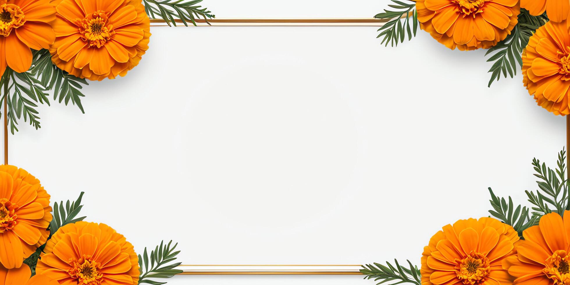 Marigold flower border frame template with copy space. Botanical theme in 4k photo