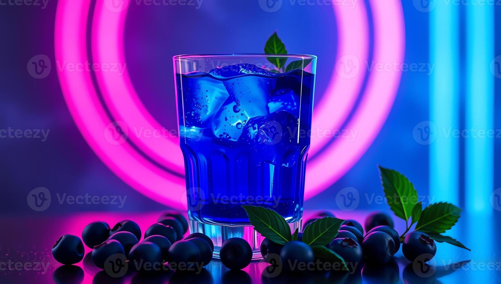 A refreshing blue cocktail with ice in a tall glass garnished with mint, set against a neon-lit bar background with blueberries beside photo
