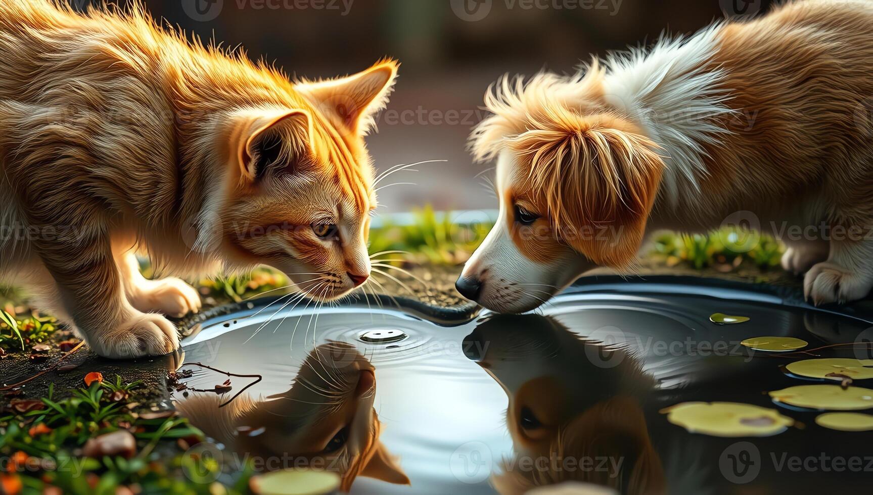 A curious puppy and kitten gaze intently at their reflections in a small outdoor pond surrounded by stones photo