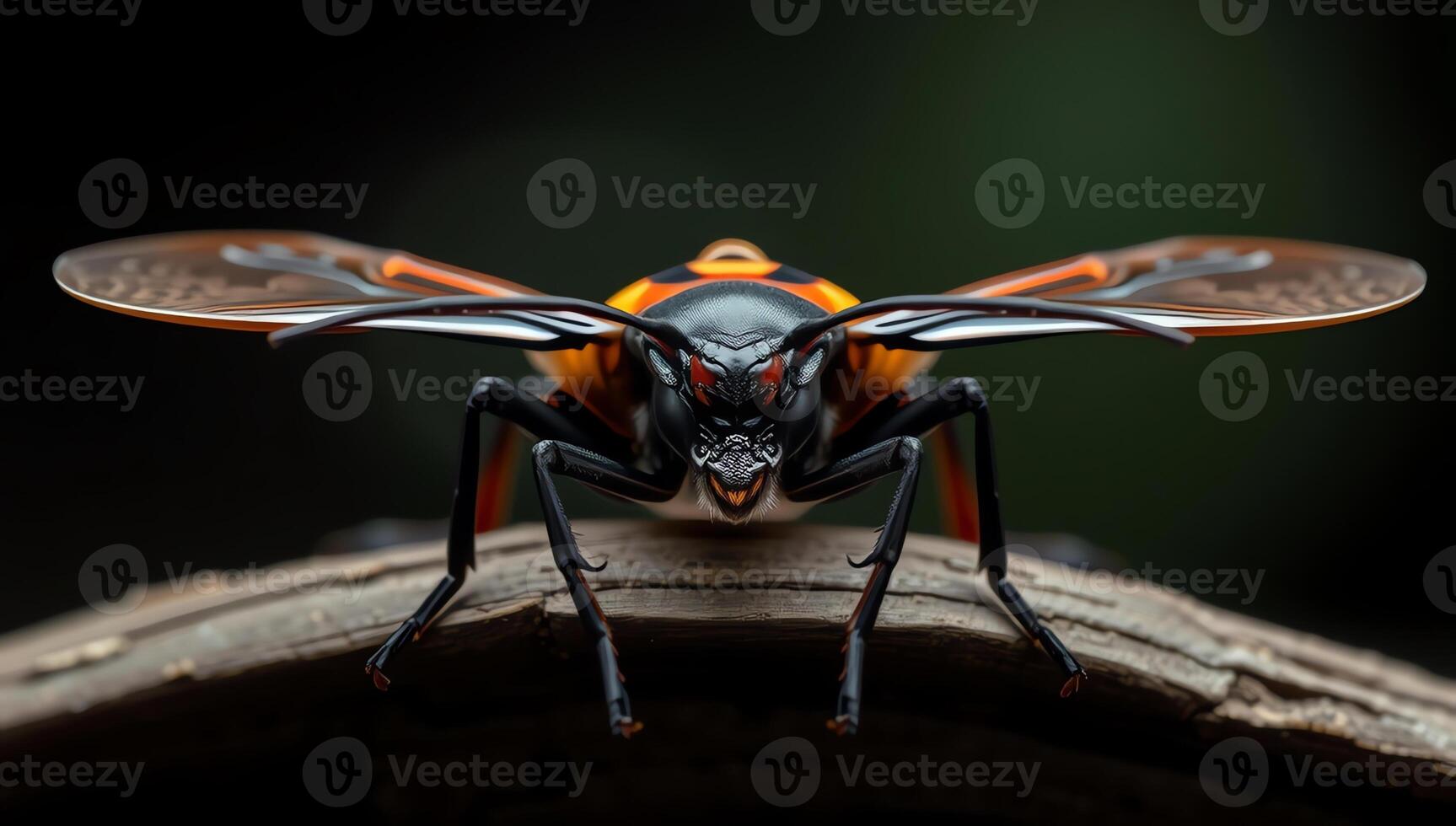 Close-up of an exotic colorful insect with vivid patterns on a wooden surface, showcasing intricate details of its wings and body photo