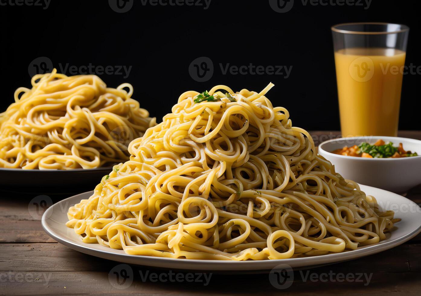 Pile of noodles isolated in plate on table. High definition food photography with copy space photo