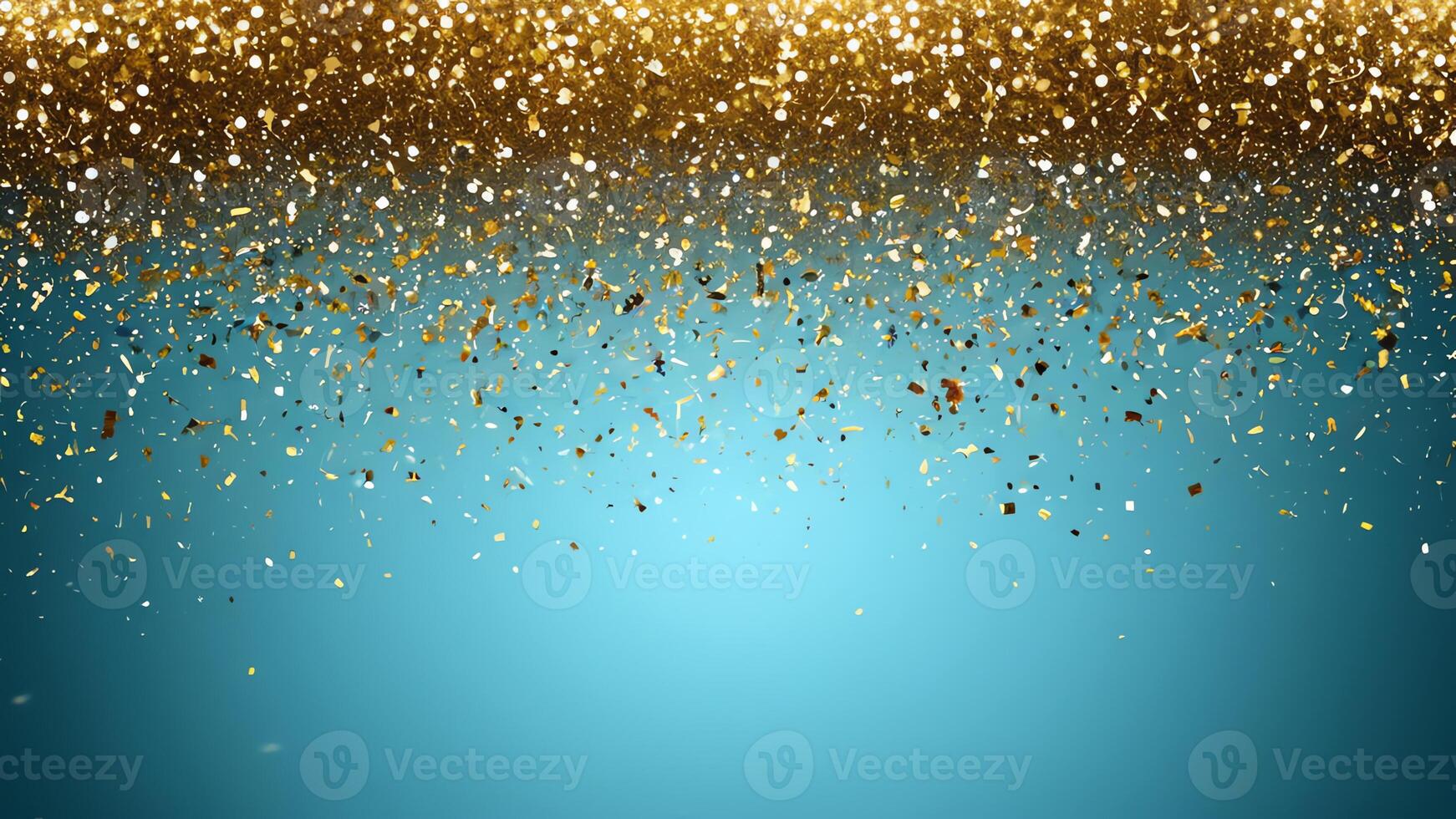Golden glitter rain from top on sky blue background. Template empty horizontal graphics resource with copy space in high definition photo