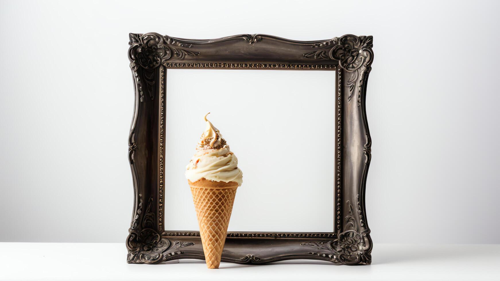Ice cream cone in front of brown wooden frame in high definition with copy space photo