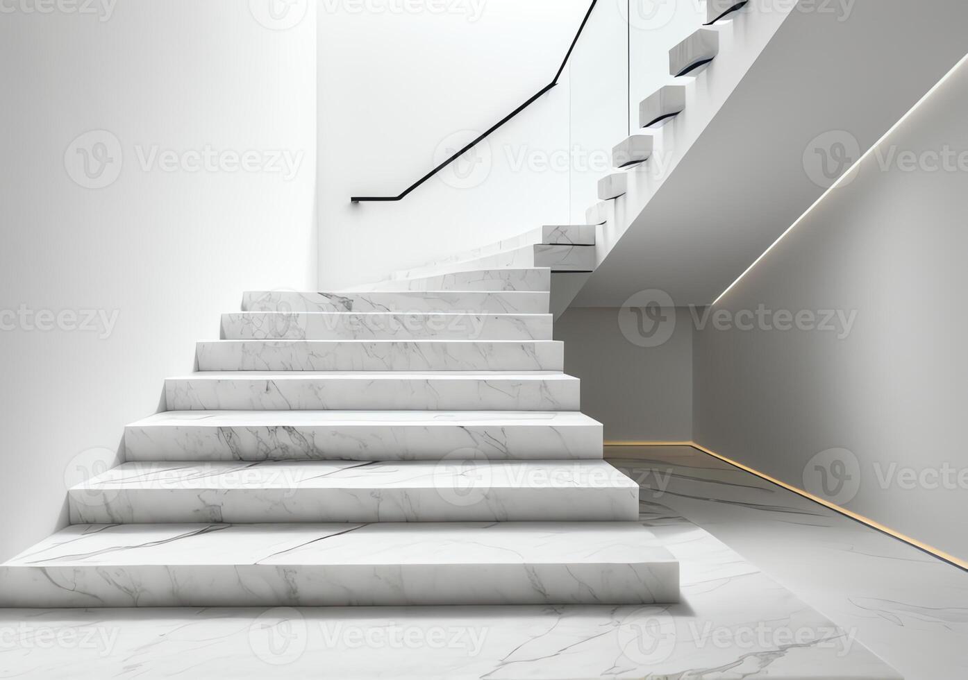Modern interior with marble staircase leading upwards towards an open doorway, emphasizing minimalistic architectural design photo