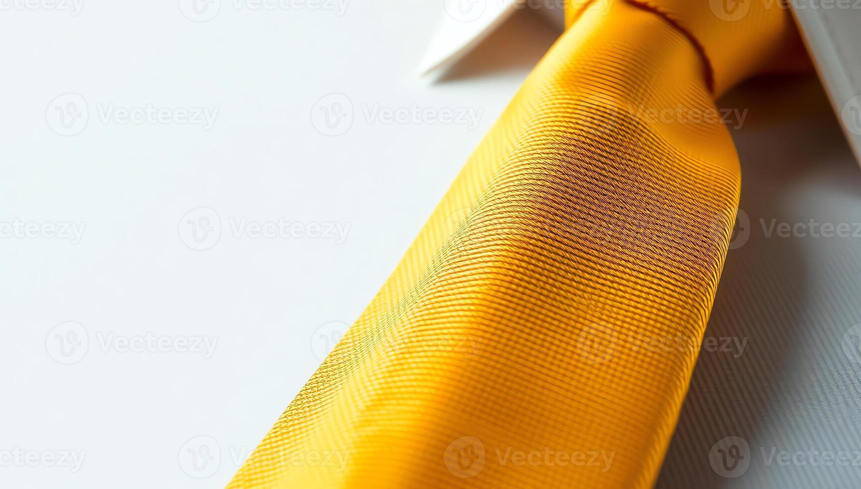 Close-up of a vibrant yellow necktie with distinctive texture laid out against a plain white background. photo