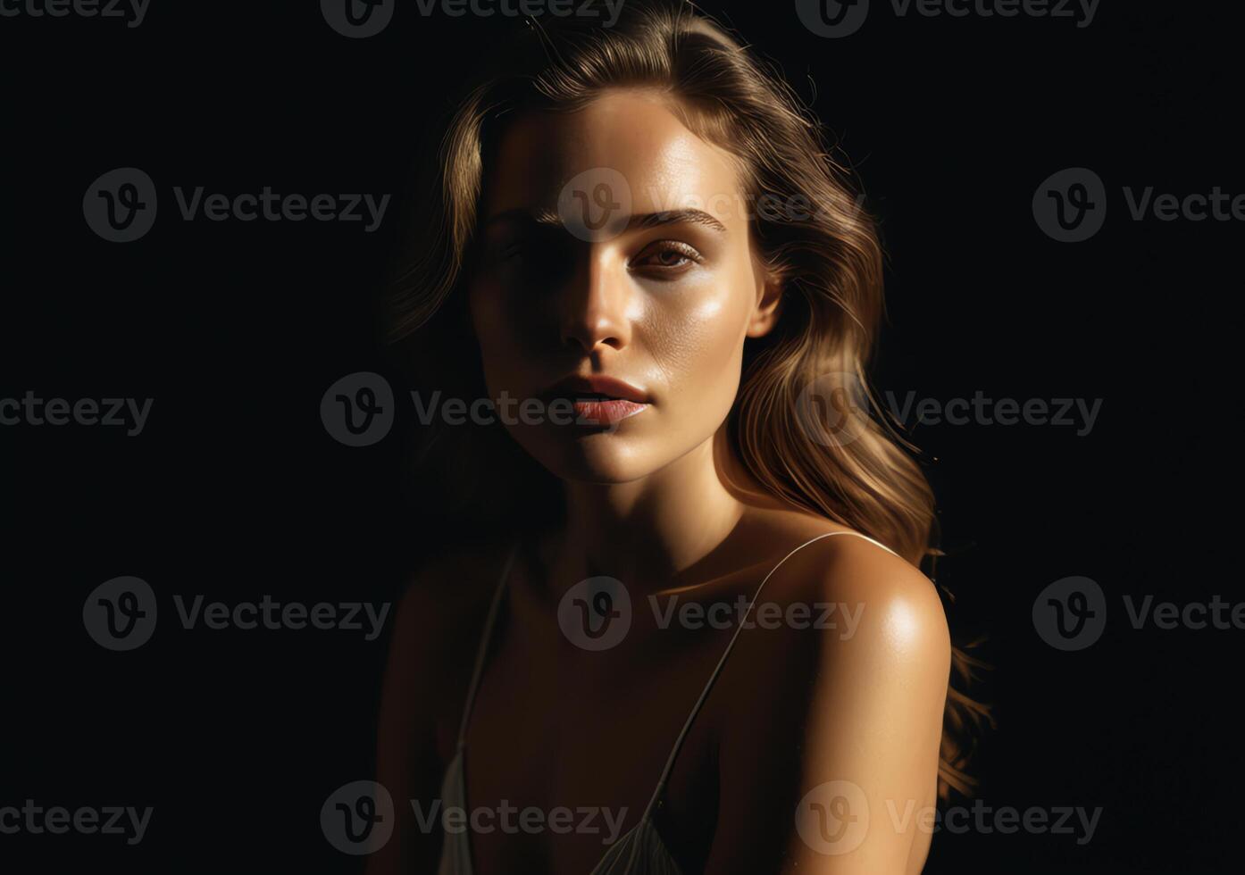 Woman with wavy hair and glowing skin in a dark, dramatic setting, softly illuminated on one side photo