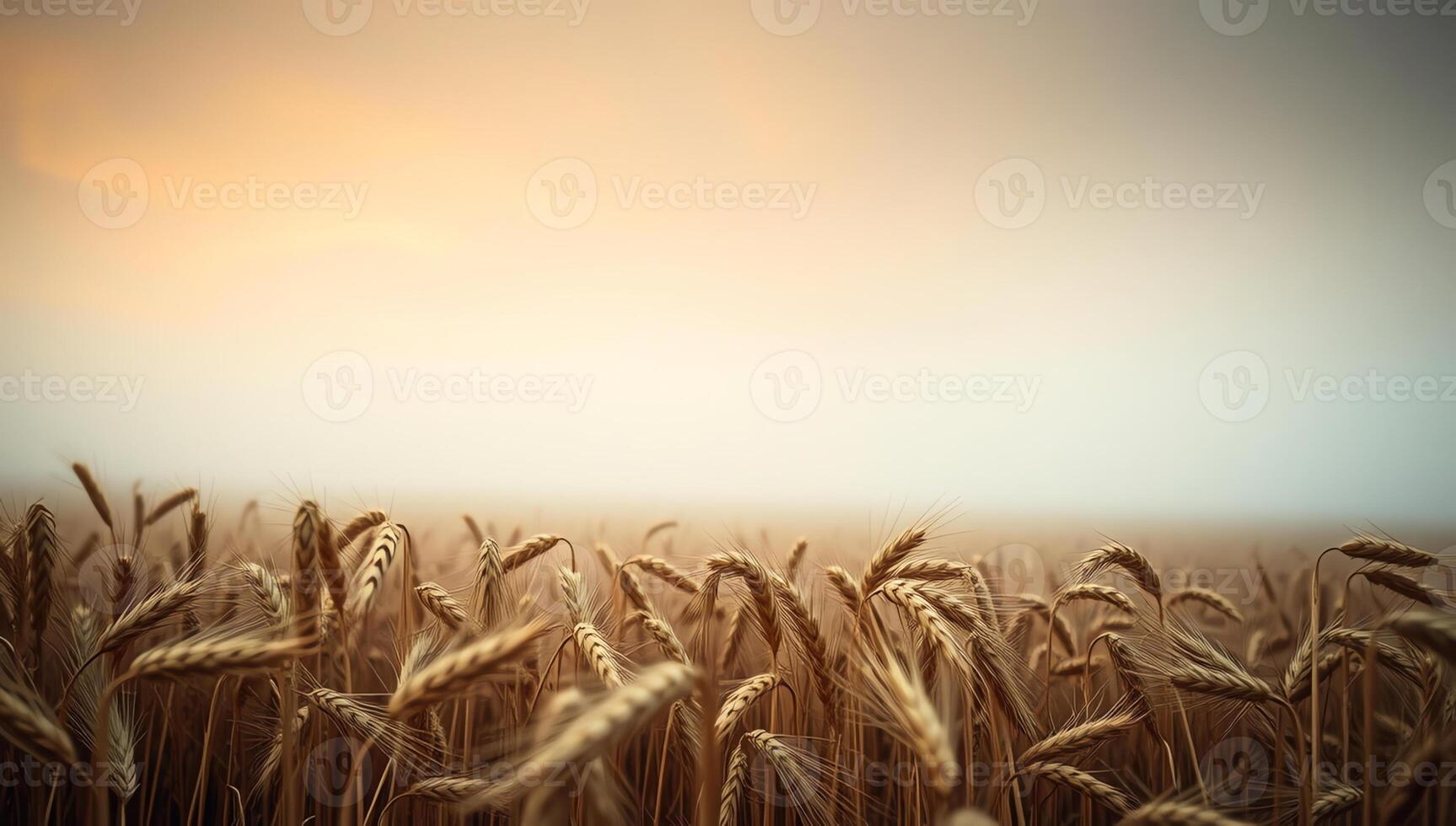 Close-up of wheat stalks in a misty field during early morning, creating a serene and tranquil rural landscape photo