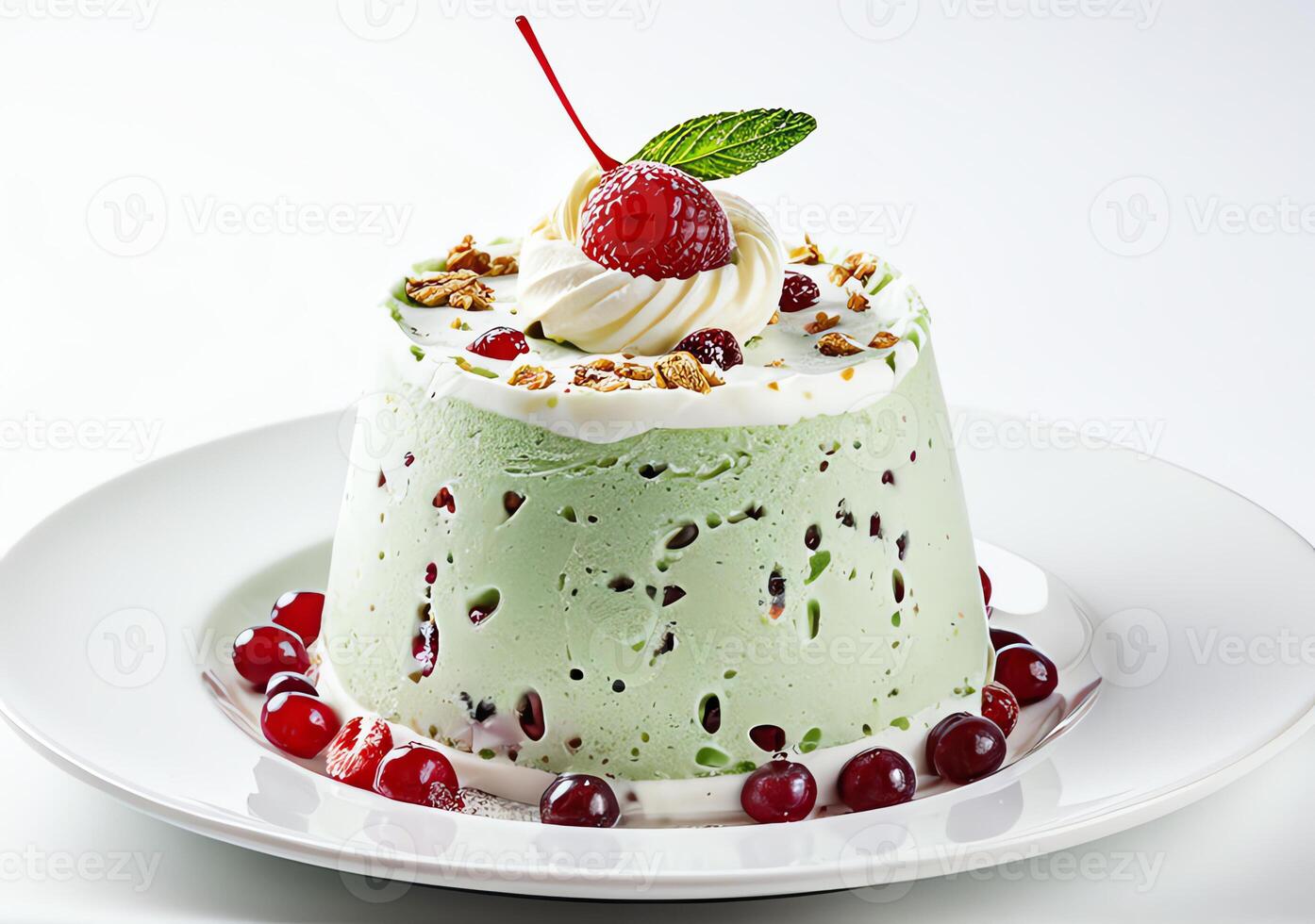 A close-up of a green pistachio ice cream cake topped with whipped cream, cherry, and mint leaf, garnished with cranberries on a white plate photo