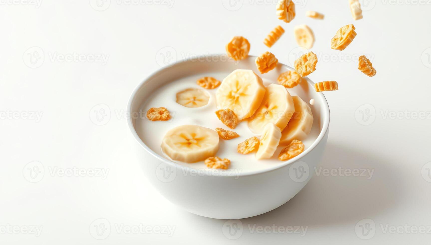 Bowl of cereal with milk being poured and topped with banana slices and cornflakes on a white background photo