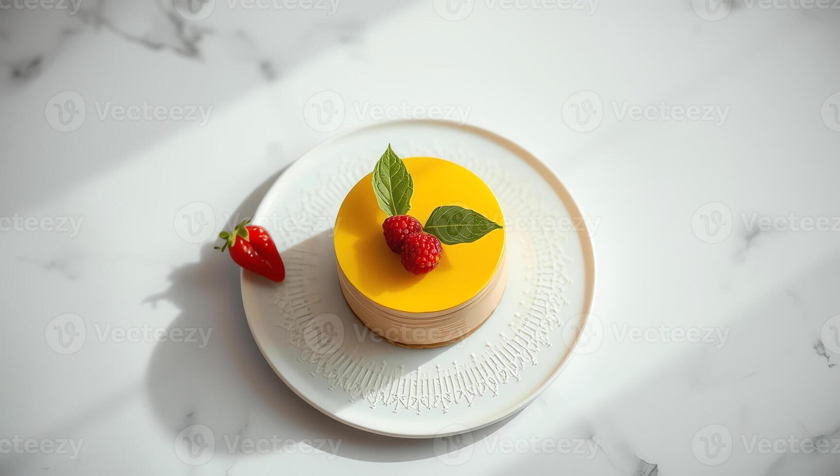 Top view of a Mangrove flavored cake. Soft directional light. Luxury Food garnished with blueberries and leaves, surrounded by pinecones on a white surface. High definition 4K with copy space photo