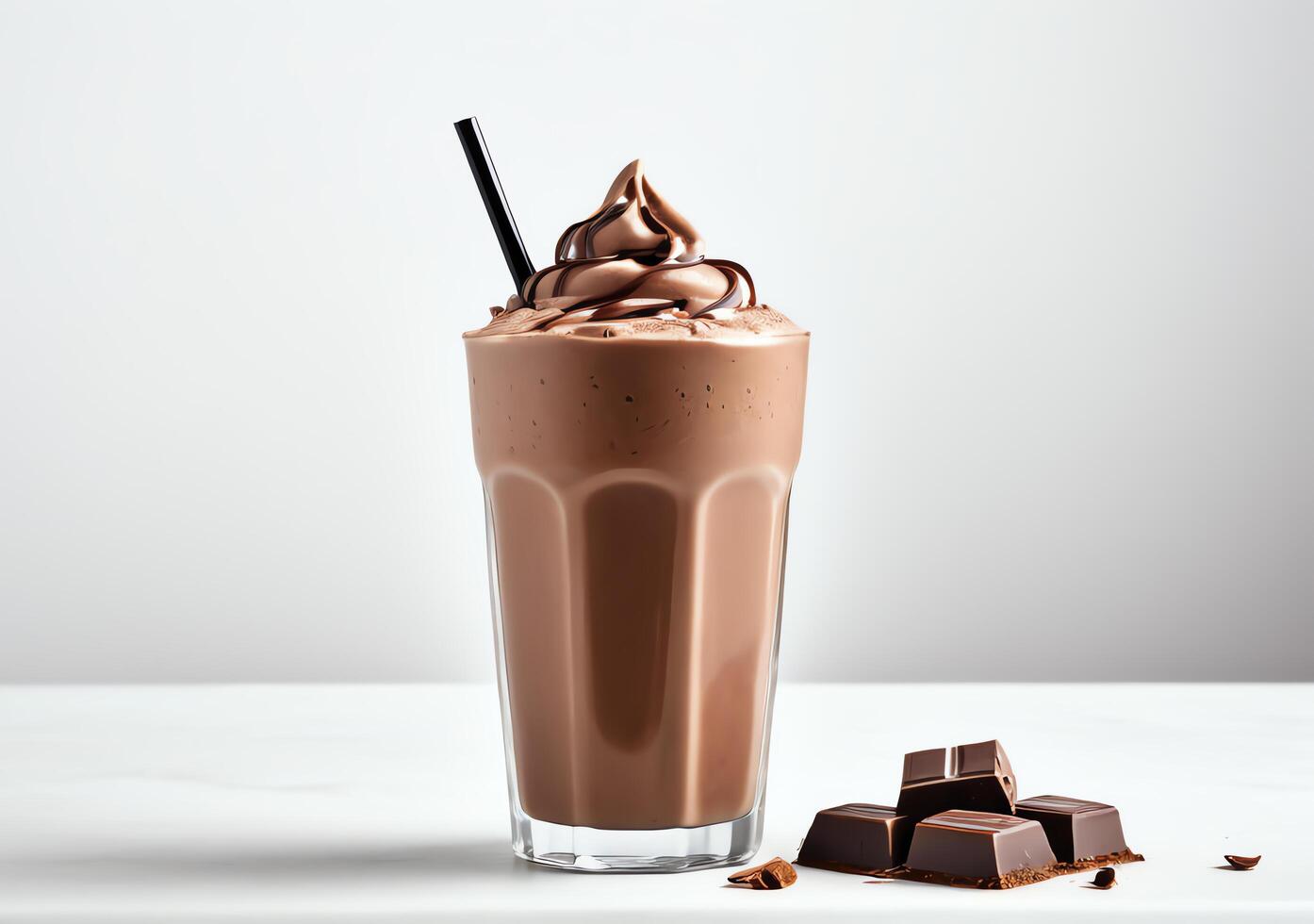 Delicious chocolate milkshake in a clear glass topped with whipped cream and surrounded by chunks of chocolate photo