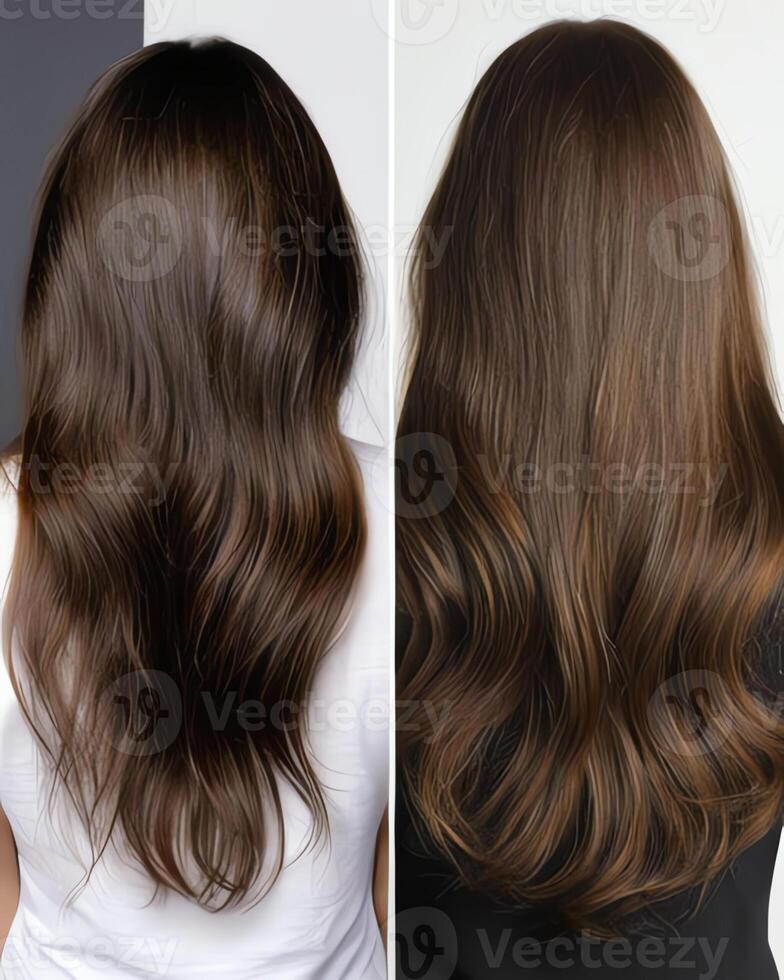Comparison of two long, brunette hairstyles highlighting different textures and shine from the back view photo