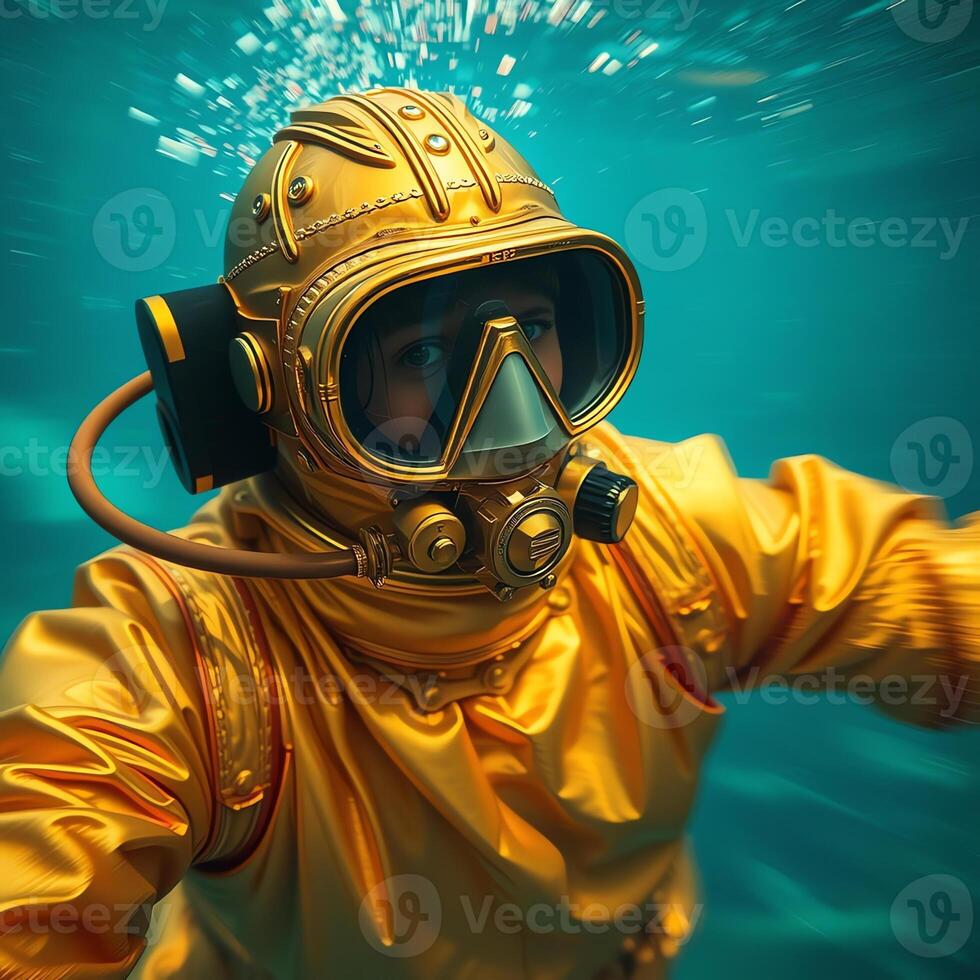 A person in an ornate gold diving suit underwater with bubbles surrounding them creating a captivating scene photo
