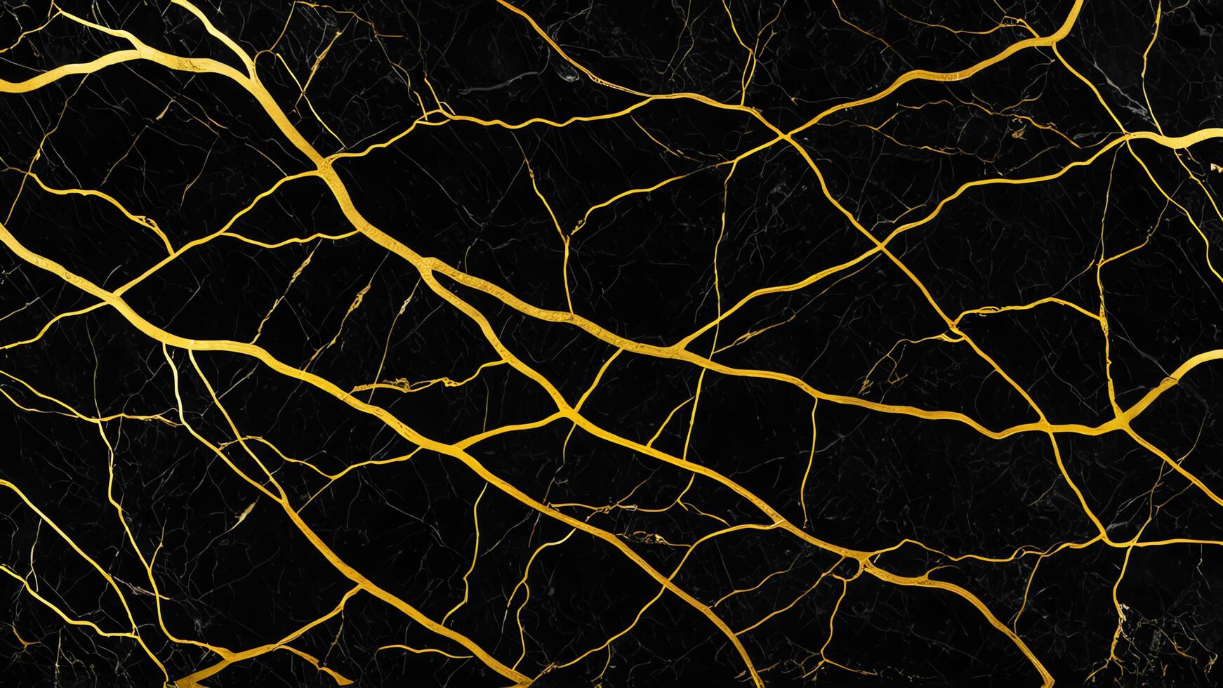 Golden fractal cracked lines on black texture background in high definition horizontal template in 4K photo