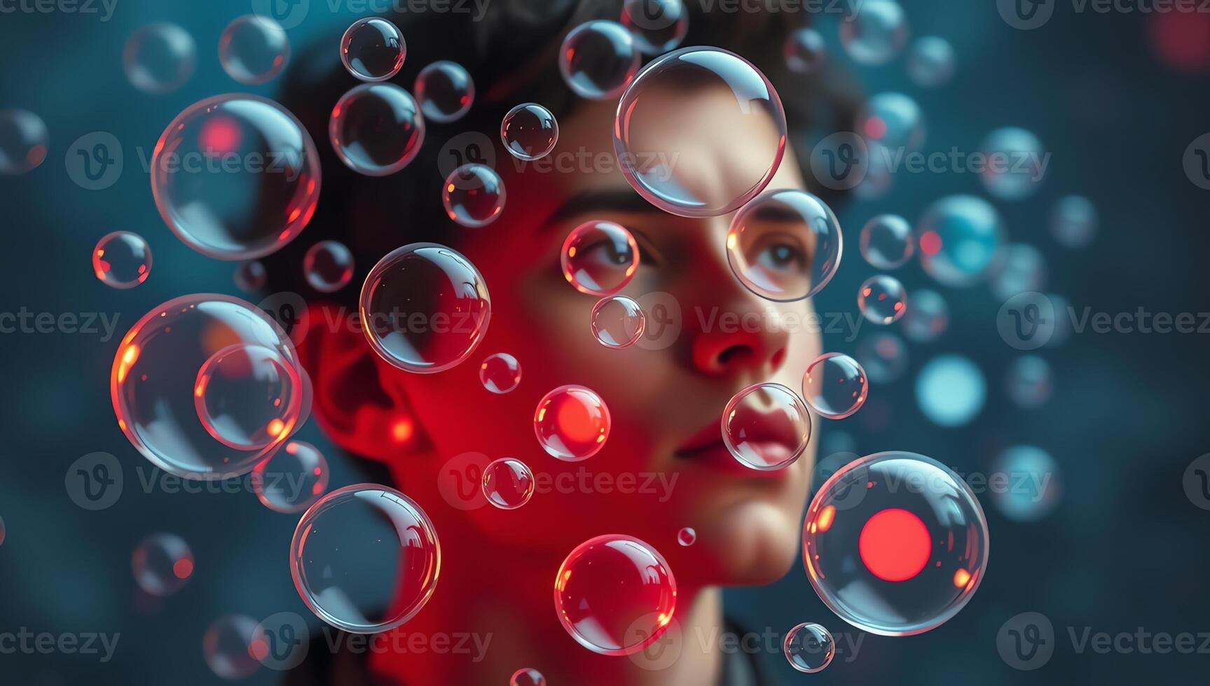 Bubbles floating over person's face reflecting his inner feelings and emotions. Mental illness concept in high definition photo