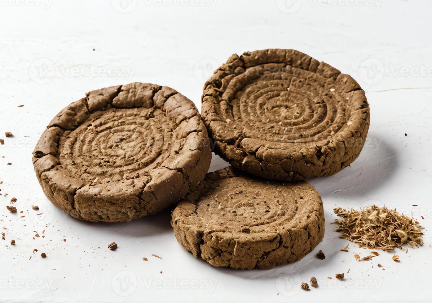 Group of holy cow dung cakes made from waste of cows stacked on each other and isolated on white background. High definition photography photo