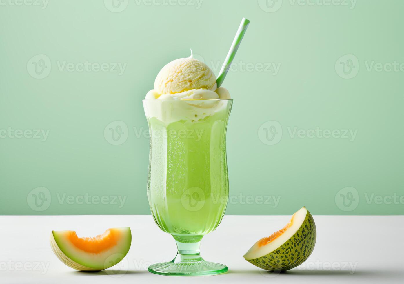 Refreshing melon soda float with vanilla ice cream in a vintage glass surrounded by melon slices on a pastel background photo