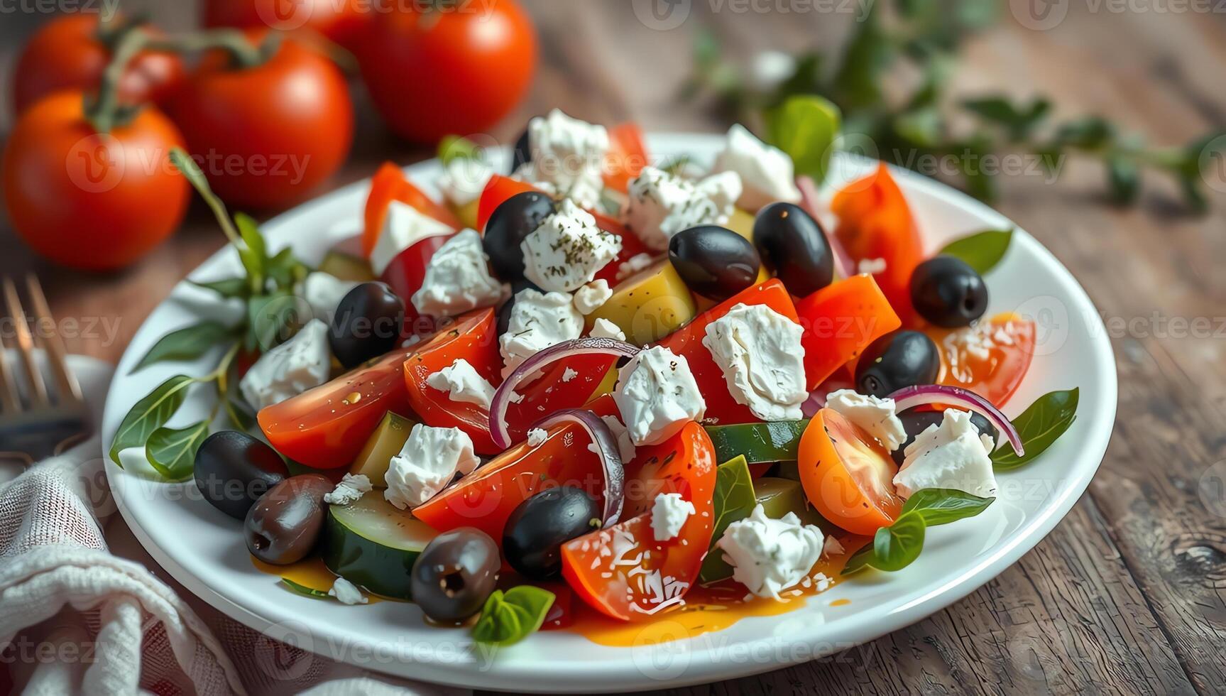 A fresh Mediterranean salad with cherry tomatoes, olives, feta cheese, cucumbers, and red onions, beautifully arranged on a plate photo