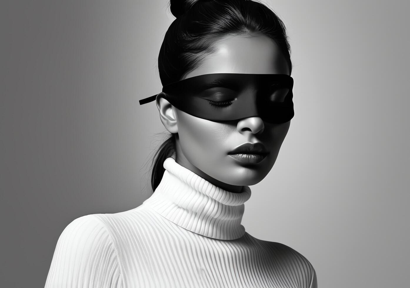 Black and white portrait of a woman wearing a blindfold and a white turtleneck, with minimal background photo