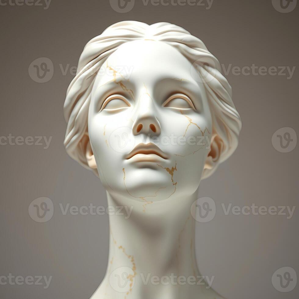 Close-up of a classical marble sculpture of a woman's head with serene expression and gentle cracks, studio lighting photo