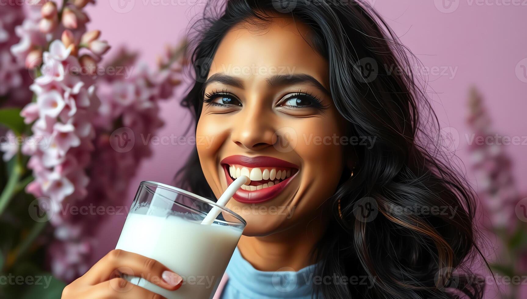 Young indian woman drinking milk from a straw from a transparent glass with smile. High definition cinematic 4k photography photo