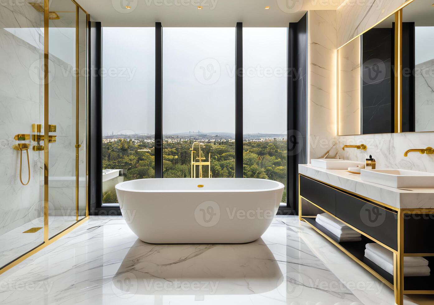 Luxurious modern bathroom with a free-standing bathtub, large windows, and gold accents overlooking a scenic view in 4k high definition. photo