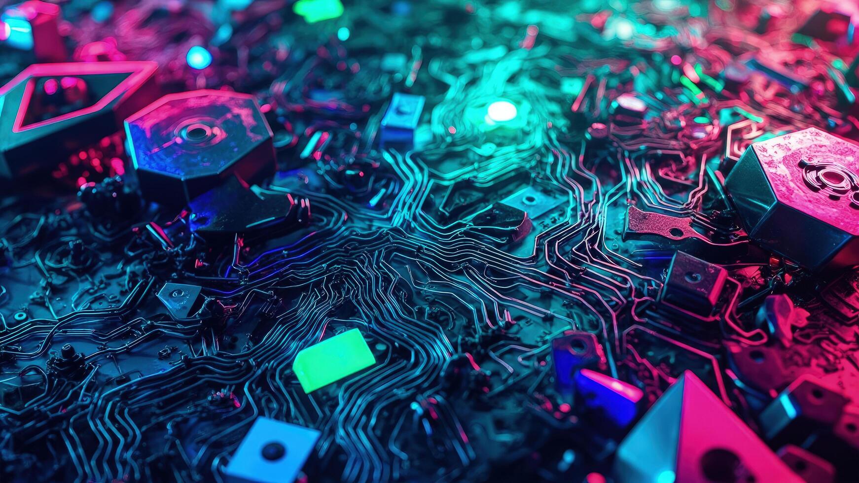 Futuristic circuit board neon illuminated with electronic components and integrated microchips close up photo