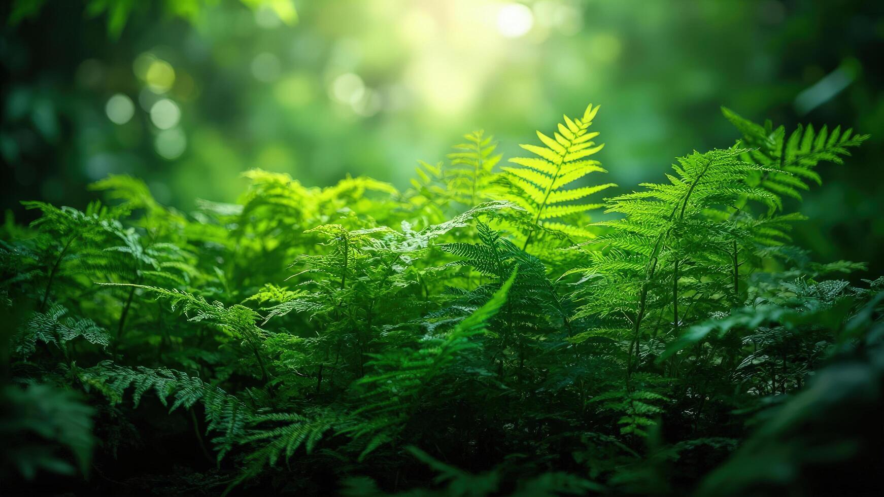 Lush green ferns illuminated by sunlight in a tranquil forest environment illustrating nature's serenity photo