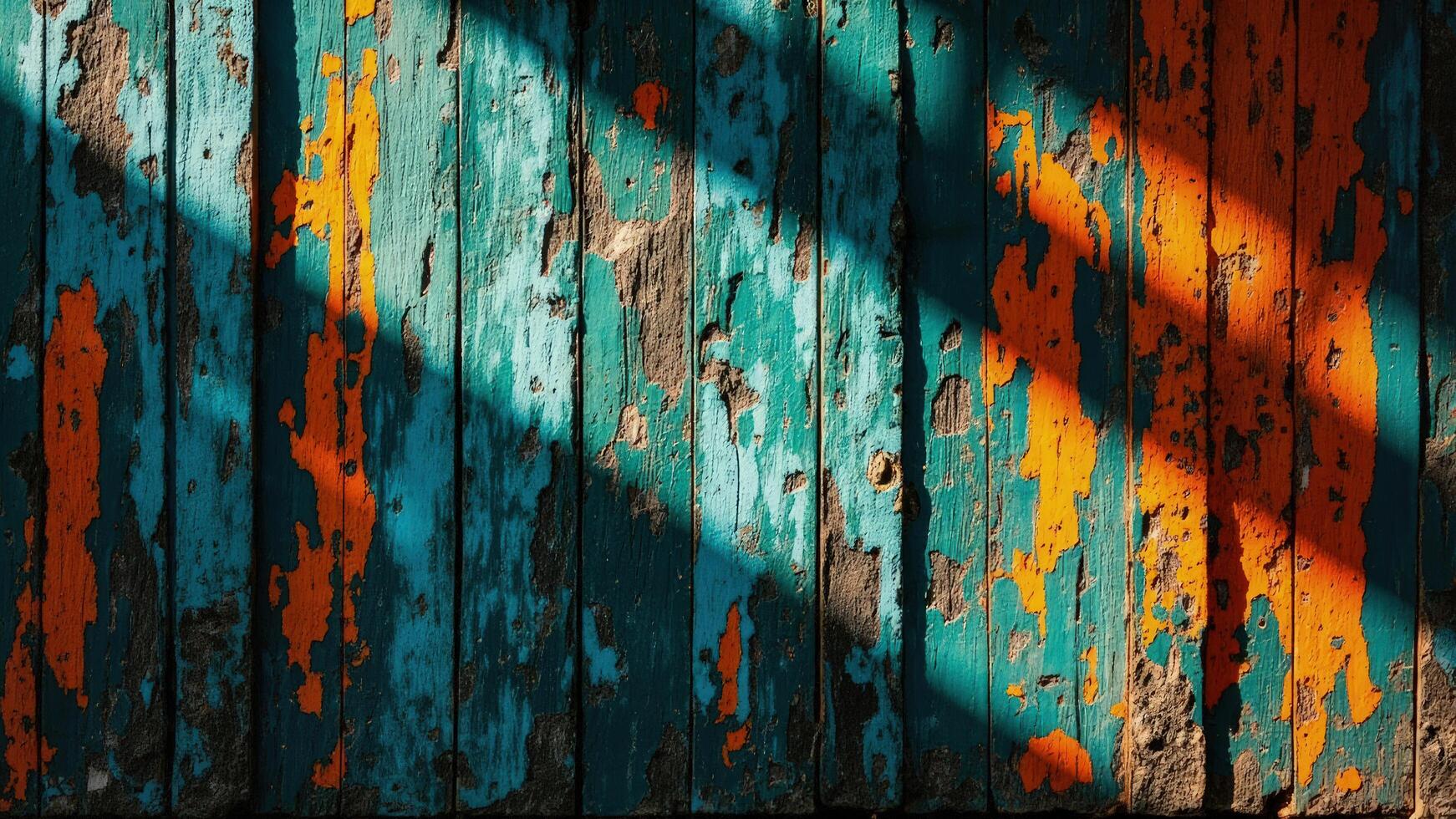 Weathered wooden planks with peeling paint and contrasting shadow and light create a striking abstract background texture. photo